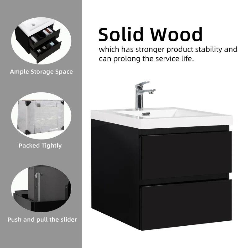 ABRUZZO 24" Floating Single Bathroom Vanity Wall-Mounted with Integrated Resin Top Basin 2 Soft Close Drawers Full Assembly