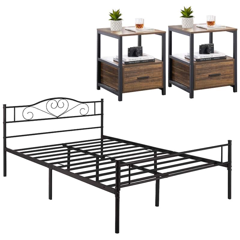 VECELO Industrial 3-Piece Bedroom Set Black Platform Bed Frame and Modern Nightstand Set of 2