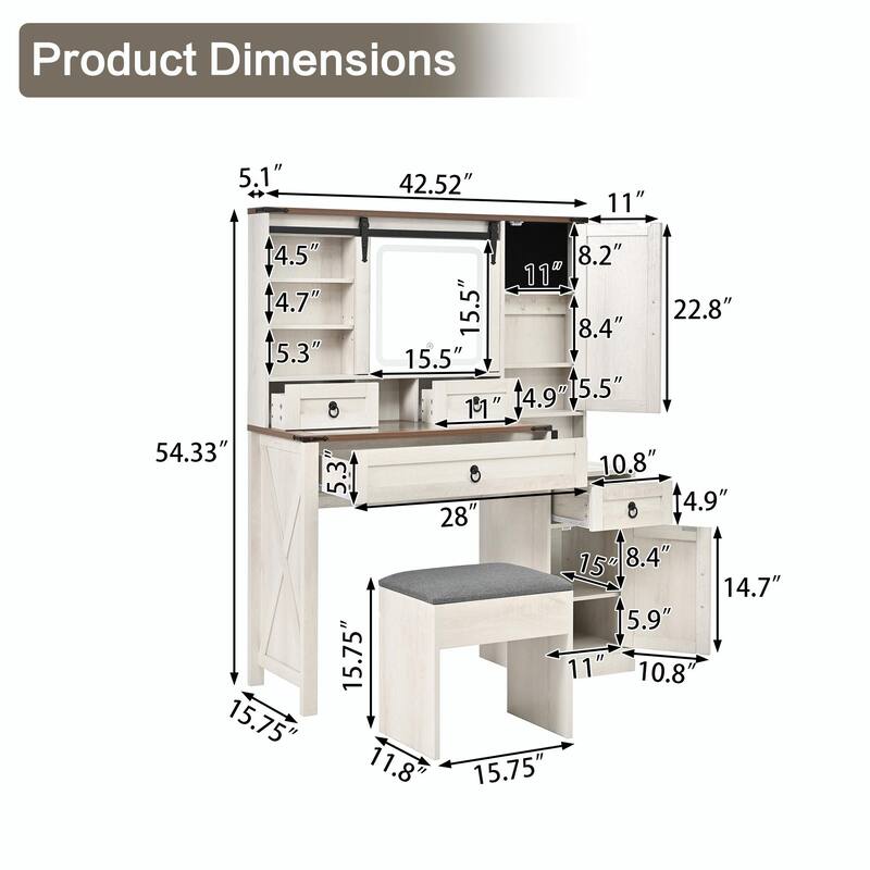 Farmhouse Vanity Desk with Sliding Mirror & Lights, Glass Top Vanity Set