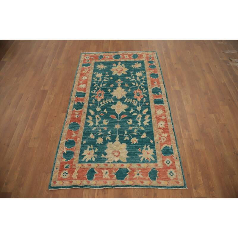 Hand Knotted Oriental 100% Wool Carpet Transitional All-Over Green Oushak Area Rug - 5' 3'' X 3' 2''