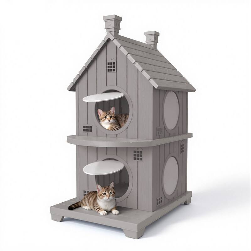 Slanted Roof Cabin Pet House with Porch, Multi-Level Stackable Shelter for Indoor Outdoor Use, for Cats Small Dogs Rabbits - Brown B