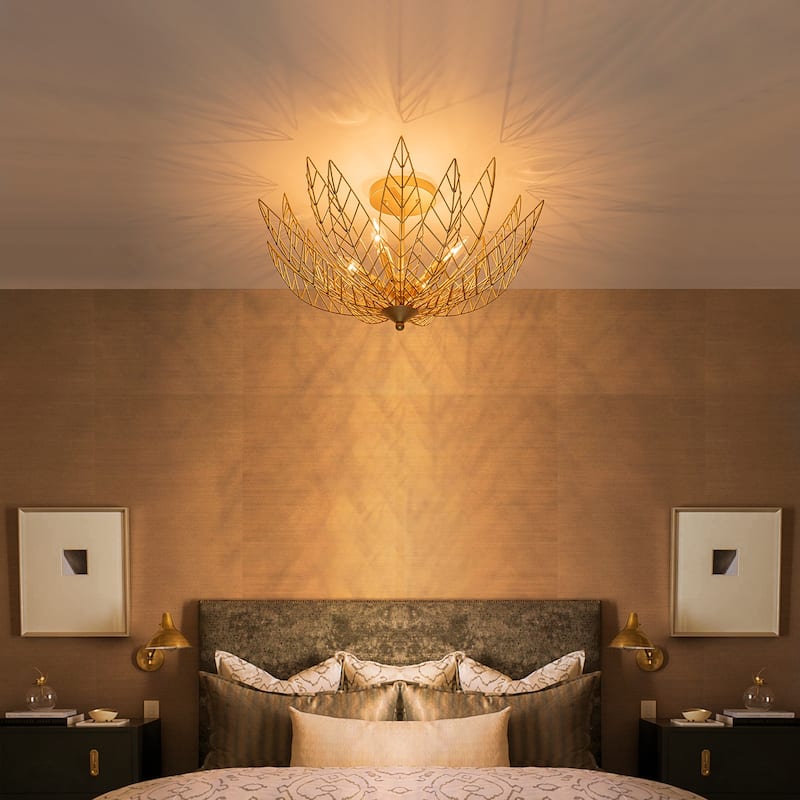 4 Lights Dual Semi-Flush Mount Ceiling Light Leaf Shaped Shades - Dia.26-in