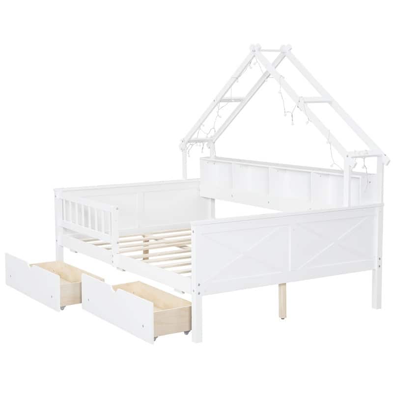 Modern Full Size House Bed Frame with LED Light and Guardrail, Wood Kids Storage Platform Bed with Shelves and Drawers