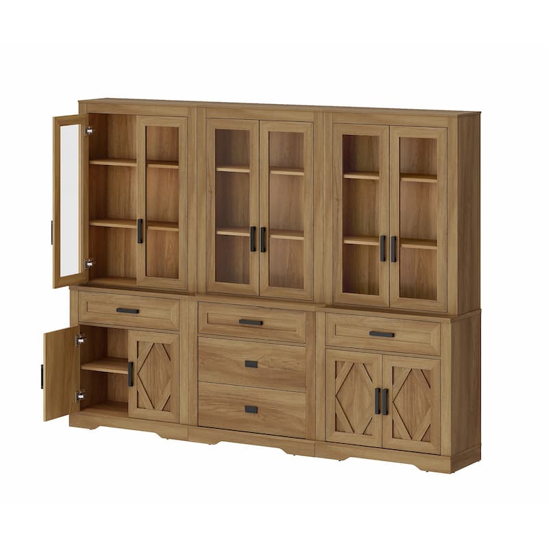 3-Column 73.3" Tall Bookshelf Set with Open Storage and Glass Doors