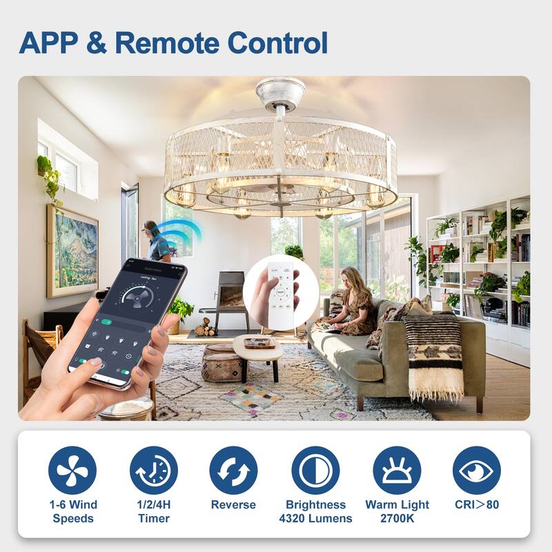 20-26" Caged outdoor Ceiling Fan with Light: Remote App Control-Farmhouse Fandelier Flush Mount Fixture Reversible 6 Speed Timer
