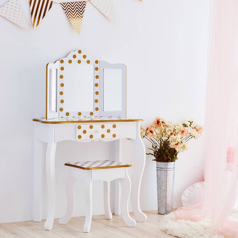 Teamson Kids Gisele Polka Dot Kids Vanity Table & Stool, White & Gold - 23.5" L x 11.73" W x 39.25" H