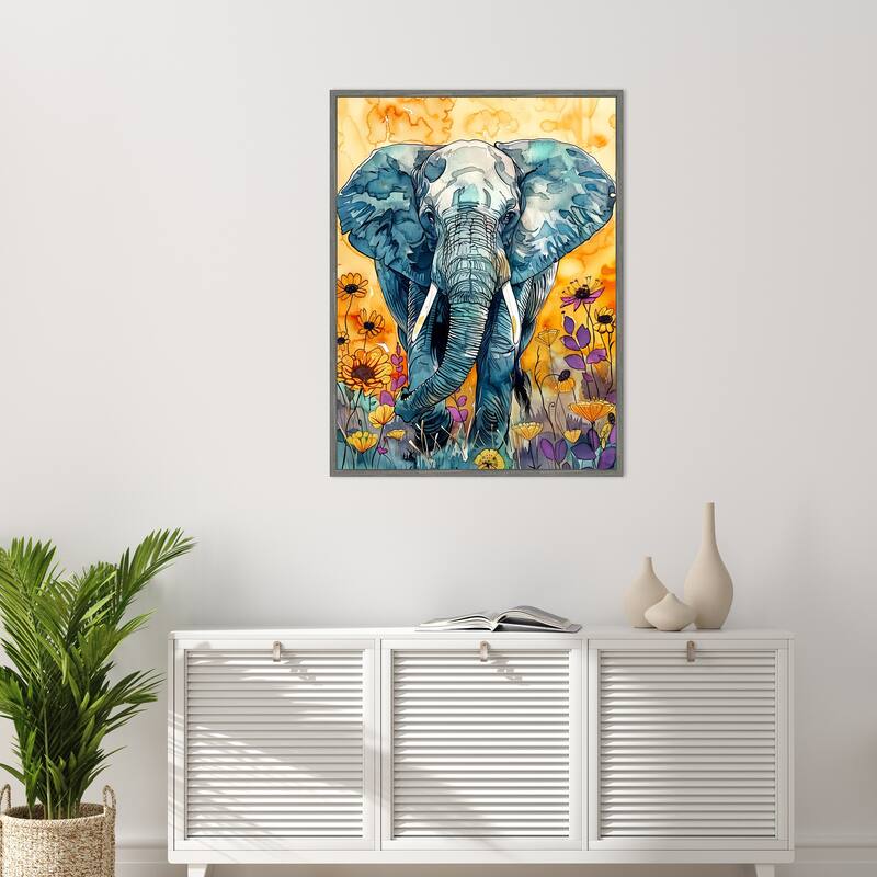 Elephant in Flowers by Justyna Jaszke Framed Canvas Wall Art