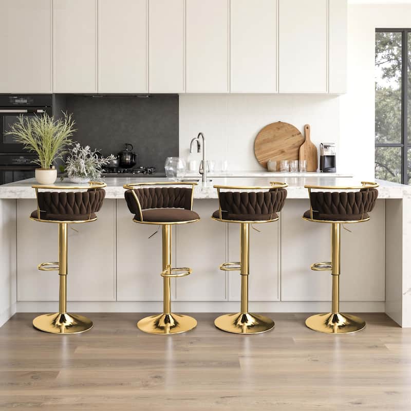 4 Set Modern Velvet Adjustable Swivel Bar Stools with Metal Frame - Gold/Coffee
