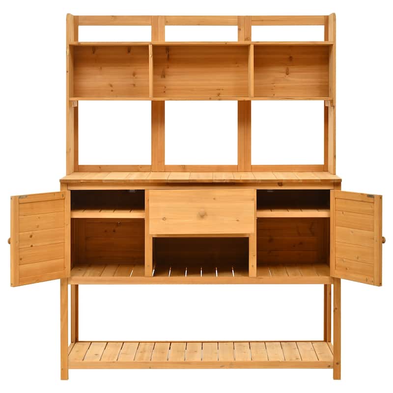 Roomfitters Outdoor Potting Bench Table, Solid Fir Wood with Hutch, storage units & Adjustable Shelves for Planting