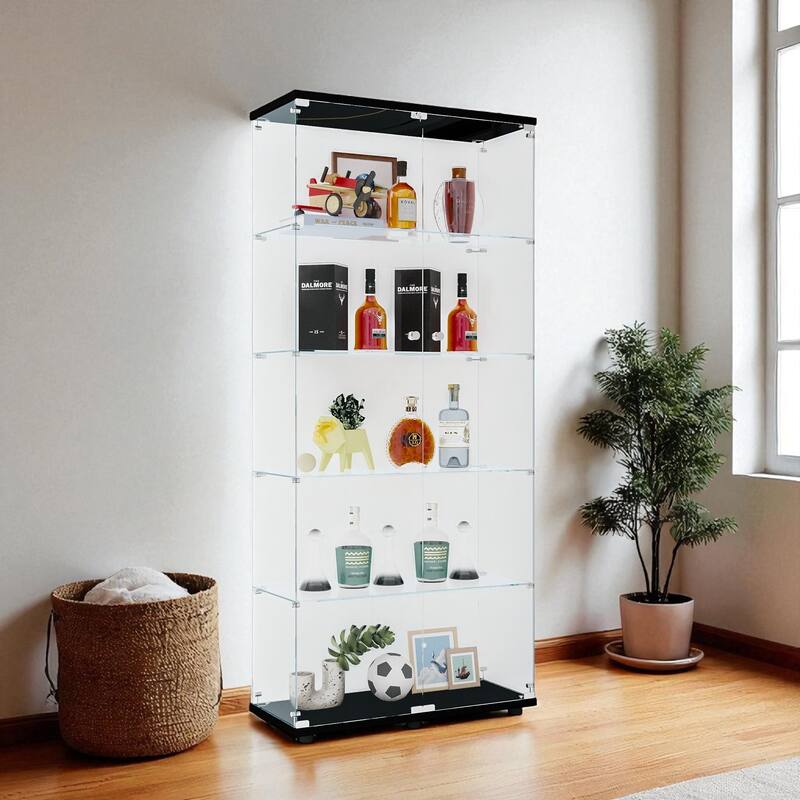 Glass Display Cabinet with Doors & Locks, Acrylic Shelves, Floor Standing Storage Showcase for Home or Office - 5Shelves-2Doors - Black