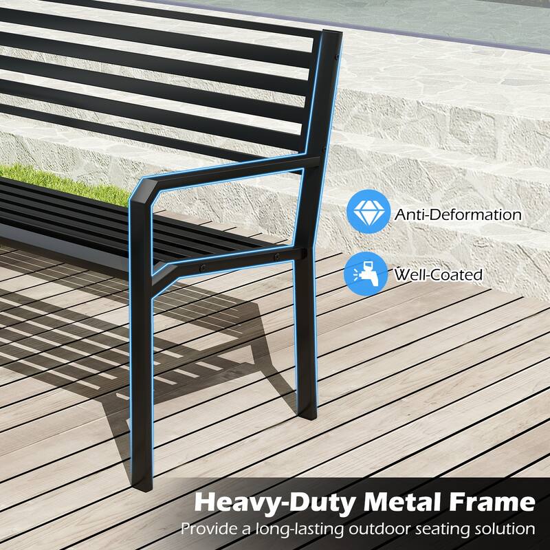 Black Metal Park Bench with Slatted Seat, Armrests and 3-Person Capacity - 50” L x 22” W x32.5” H