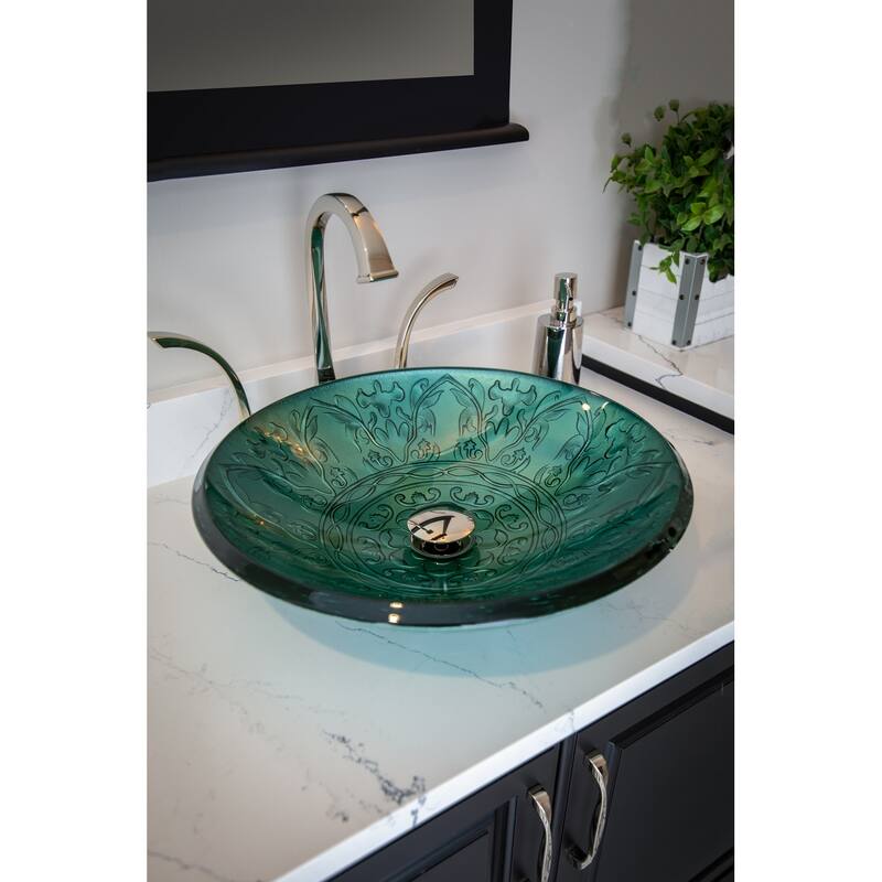 Eden Bath Teal Glass Vessel Sink With Embossed Pattern