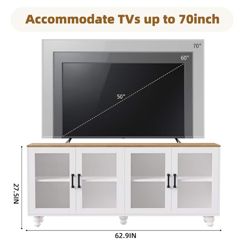 Farmhouse TV Stand for TVs Up to 70", Glass Door Sideboard with Adjustable Shelves and Wood Legs
