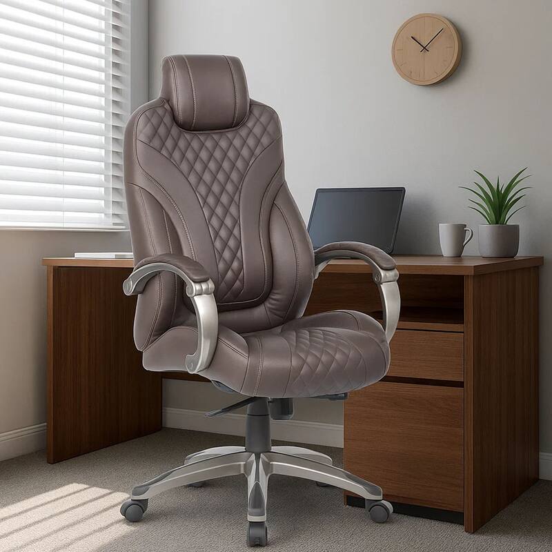 Kelly Rolling Executive Armchair, Brown Stitched-Back Faux Leather