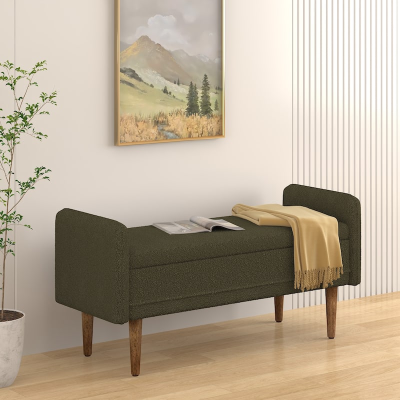 Green Modern 16.75" Upholstered Stool with Storage and Rubber Wood Legs for Living Room - Green