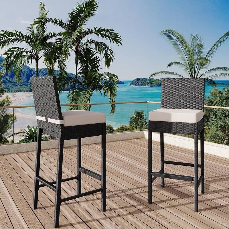 Patio Rattan Bar Stool with Cushions for Indoor Outdoor - Beige