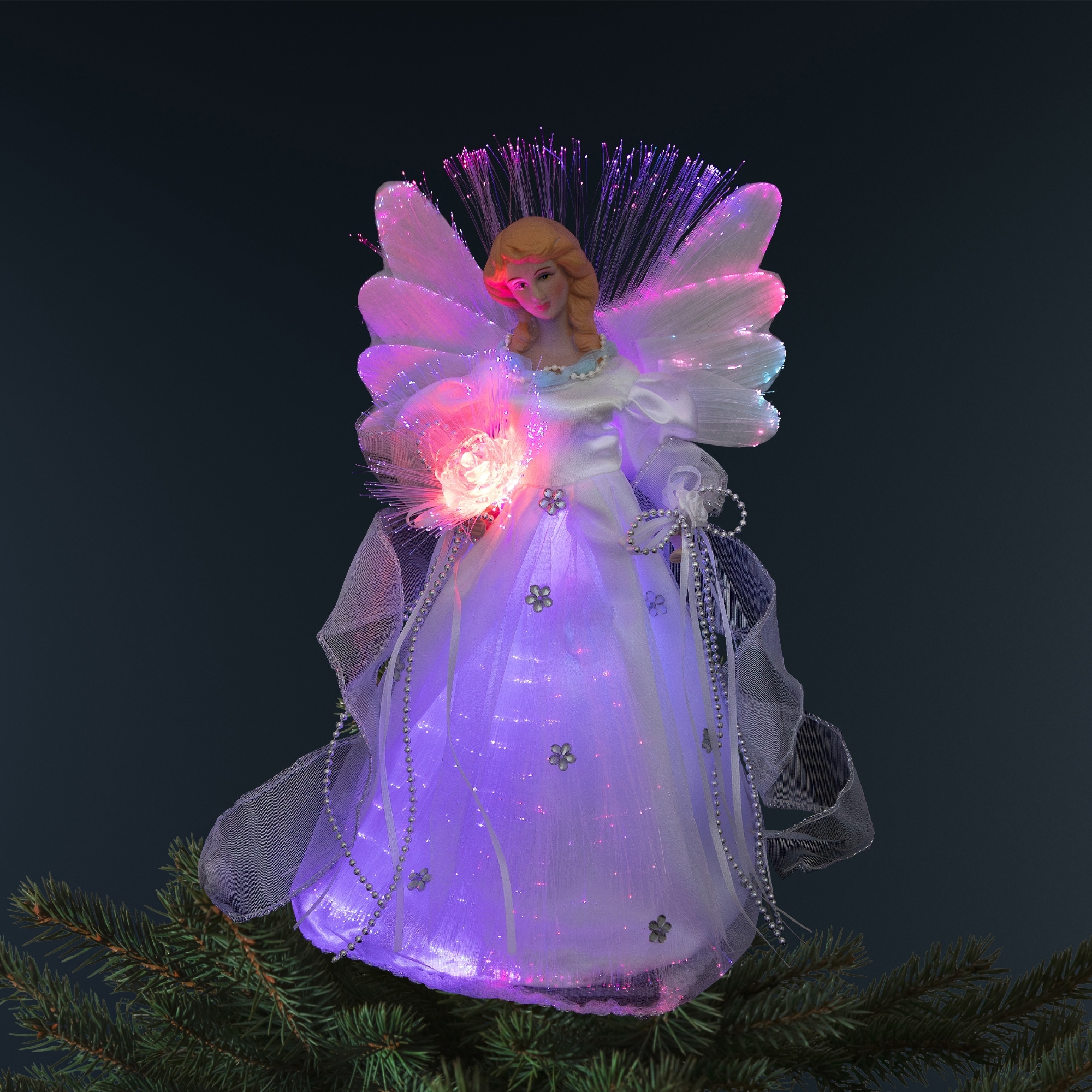 Color-Changing Fiber Optic Angel Rose Christmas Tree Topper 12" White