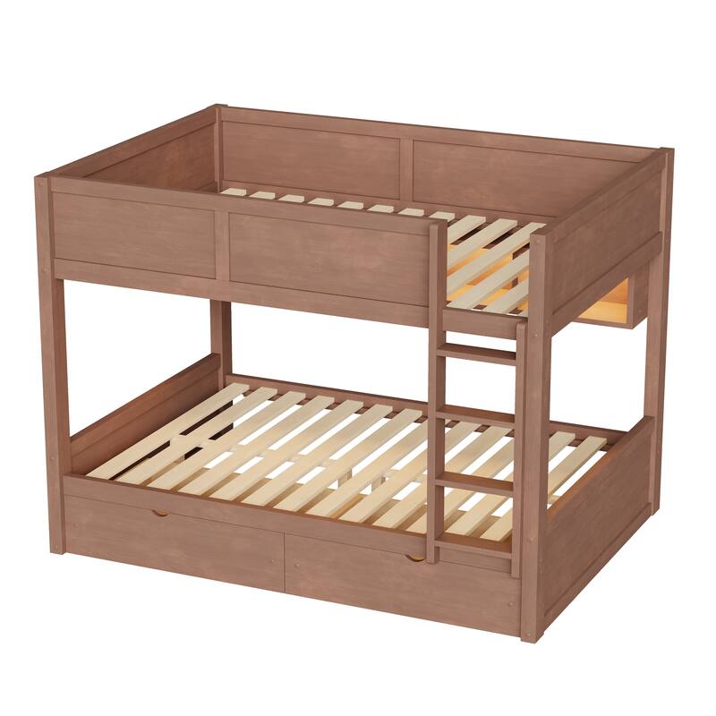 Roomfitters Full XL Over Full XL Bunk Bed with Storage Cabinets, LED Light and Drawers