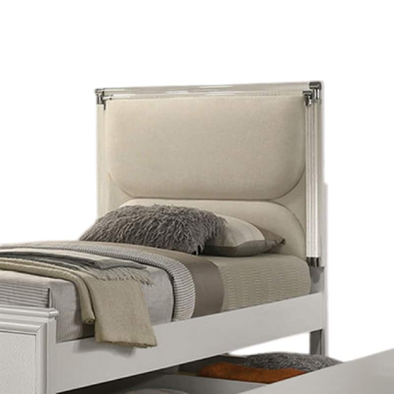 Dima Twin Bed, Upholstered Headboard w LED, Pearl White, Clear Legs
