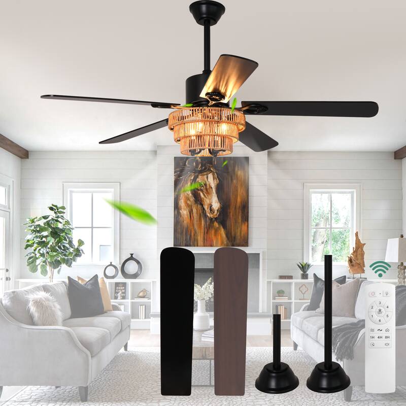 Cusp Barn 52-In Farmhouse Black Chandelier Ceiling Fan with Light and Remote, Boho Caged 6 Speeds DC Motor Tri-layer Ceiling Fan