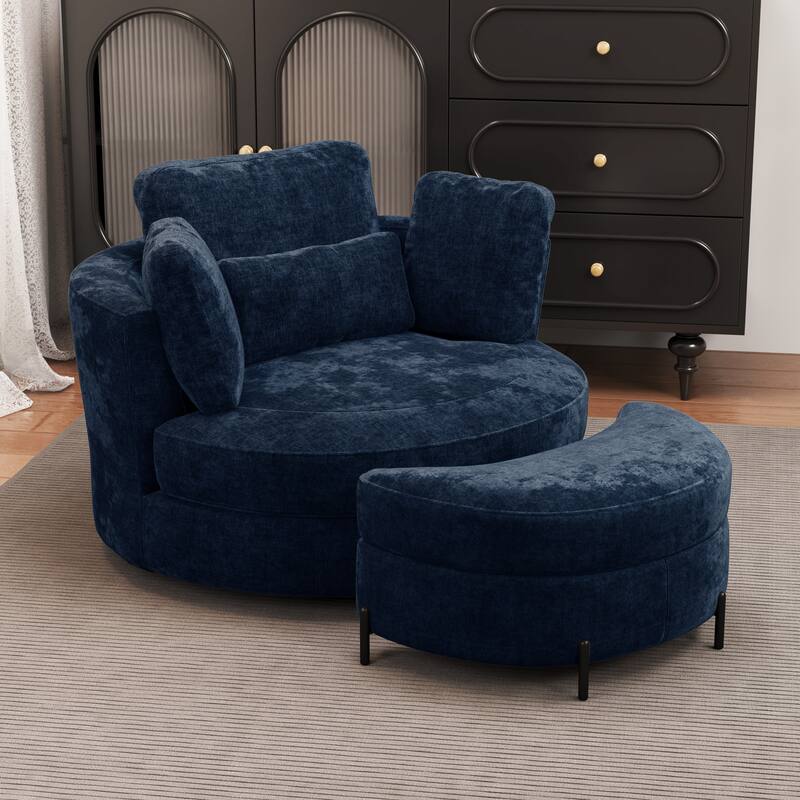 Modern Chenille 360° Swivel Accent Barrel Chair and Storage Ottoman - Navy