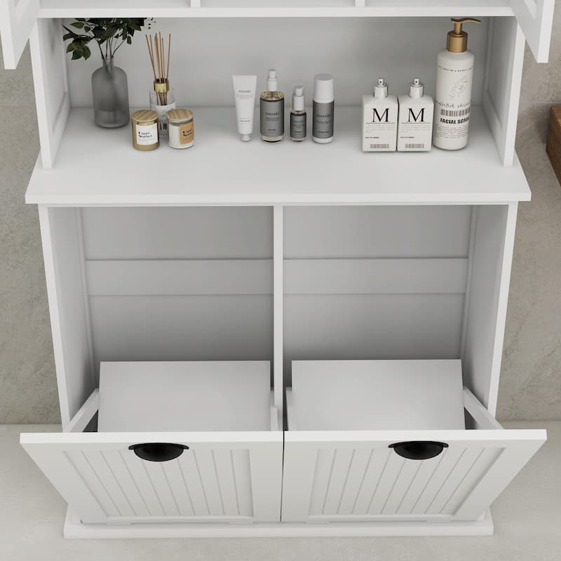 Two-Compartment Tilt-Out Dirty Laundry Basket Tall Bathroom Cabinet