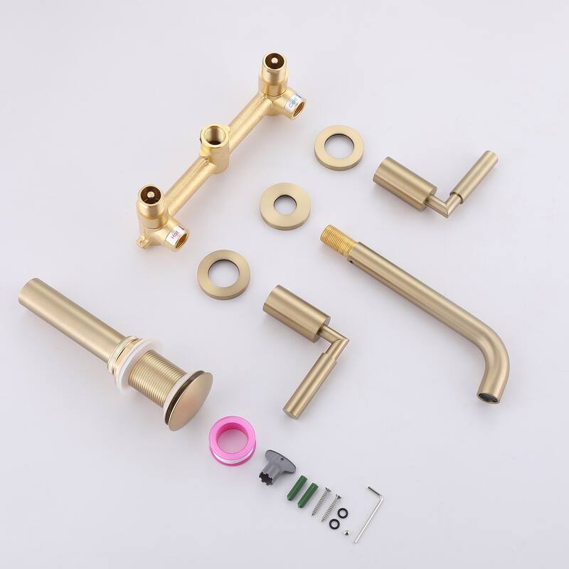Solid Brass Wall Mounted Widespread 2-Handle Bathroom Faucet With Pop-up Drain Assembly