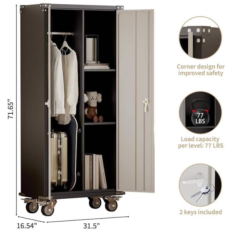 71" H Metal Locker Storage Cabinet with Wheels for Office Shop Home - N/A