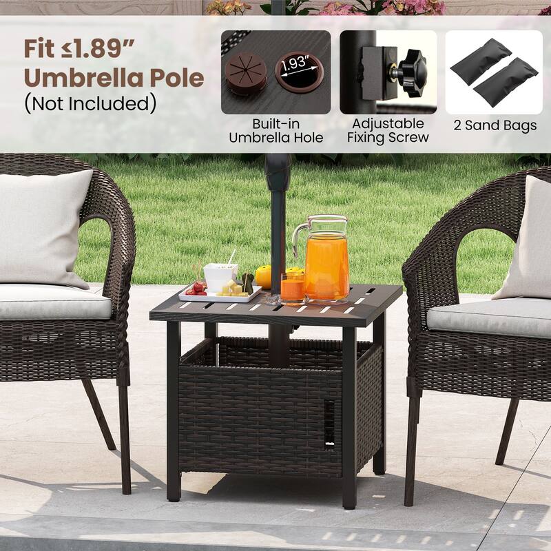 Brown PE Rattan Outdoor Side Table with Umbrella Hole and Rustproof Zinc-Iron Frame for Garden or Pool - 22" x 22" x 19"