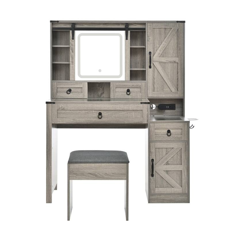 42.52" Farmhouse Dresser with Sliding LED Mirror, Glass Table Top and Stool