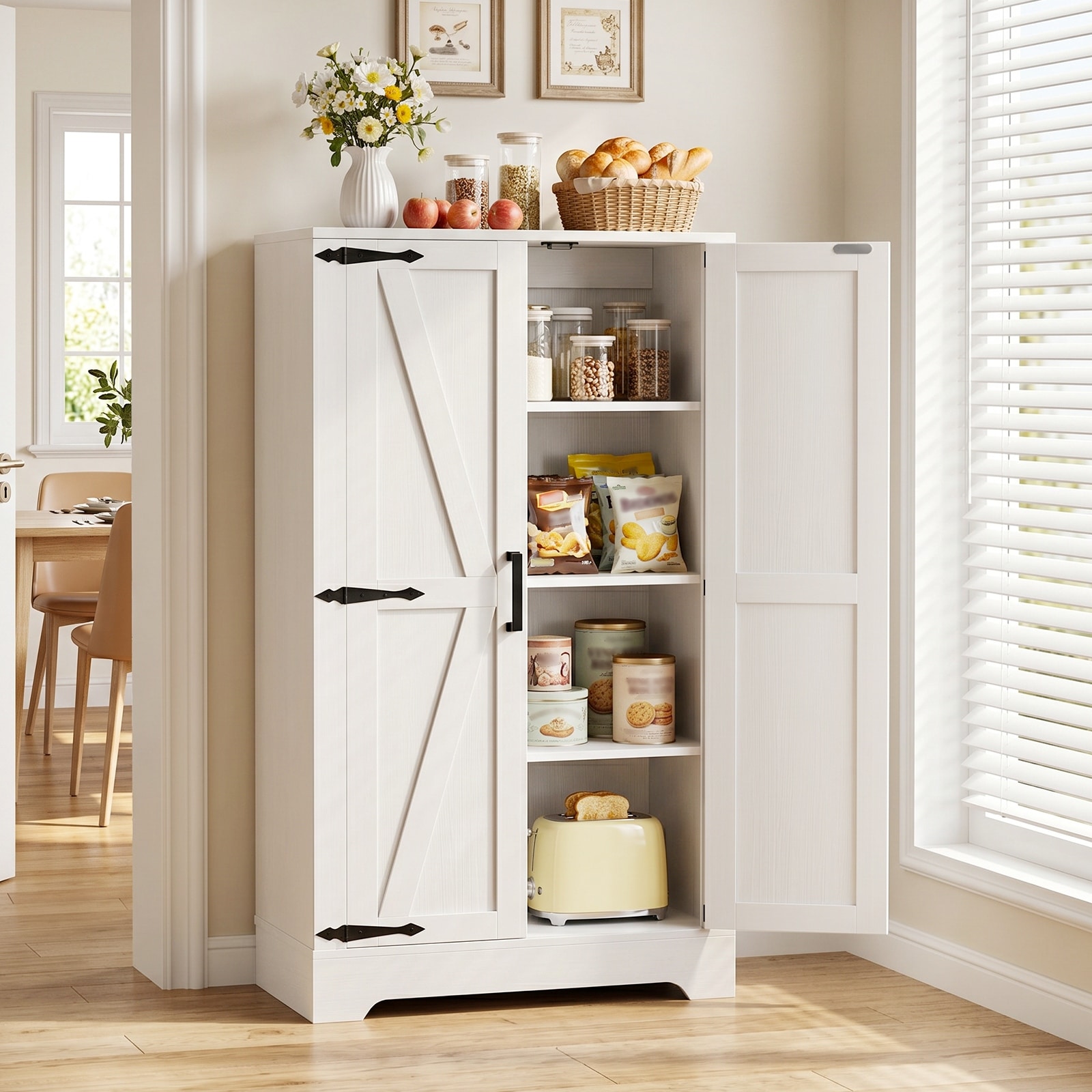 Farmhouse Pantry Cabinet with Barn Door, Freestanding Kitchen Storage Organizer with 4 Adjustable Shelves - N/A