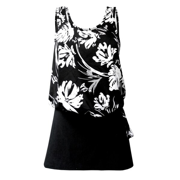 Blouson Tankini Top with Black Skirt in Black & White Floral Print