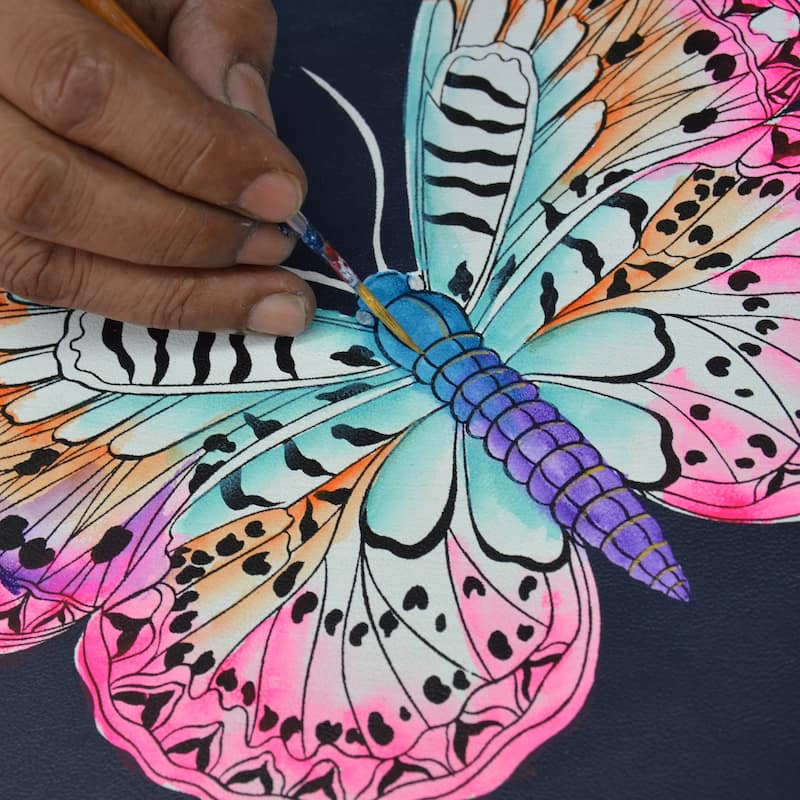 Handpainted Leather Ladies Two Fold Wallet On a String - Magical Wings Navy