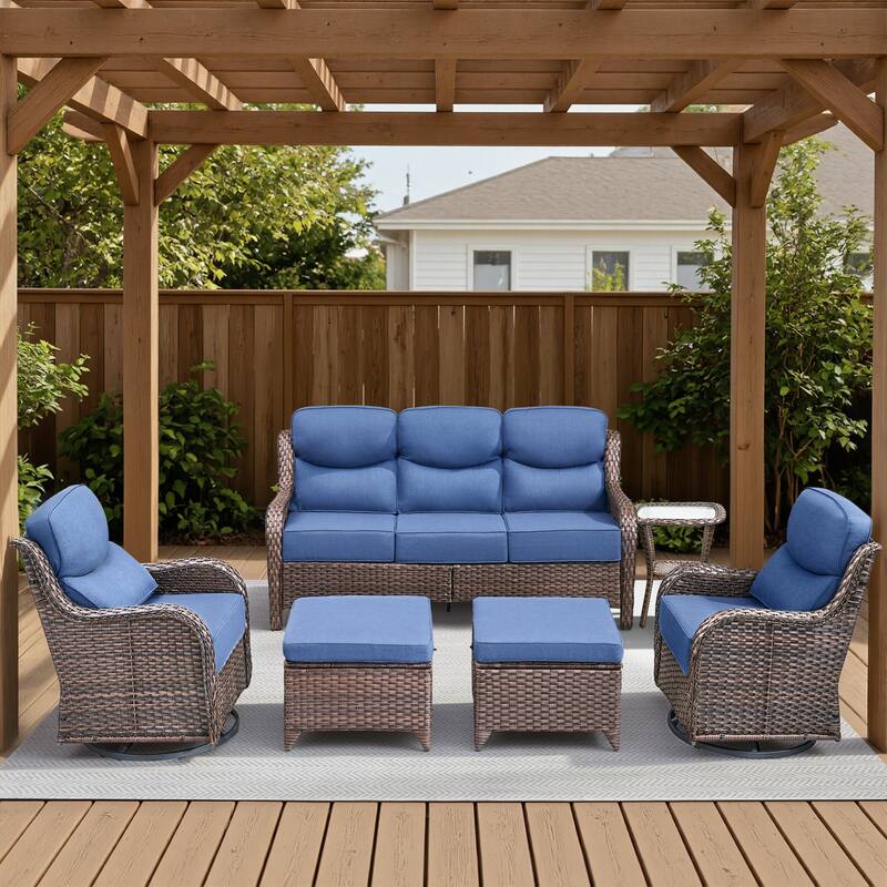Meyreso 6-Piece Wicker Patio Conversation Set with Swivel Gliders and 6-Inch Thick Olefin Cushions - Brown Wicker - Navy Blue Cushions