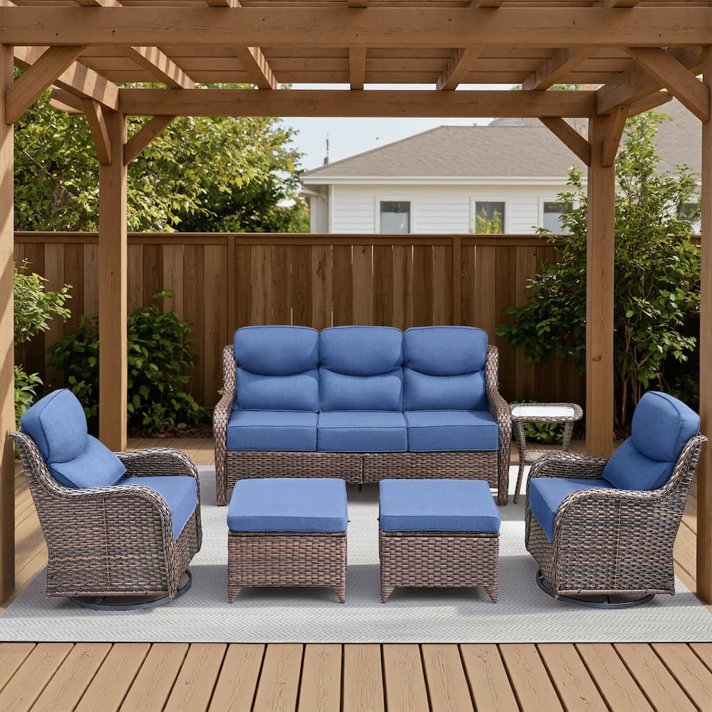 Meyreso 6-Piece Wicker Patio Conversation Set with Swivel Gliders and 6-Inch Thick Olefin Cushions