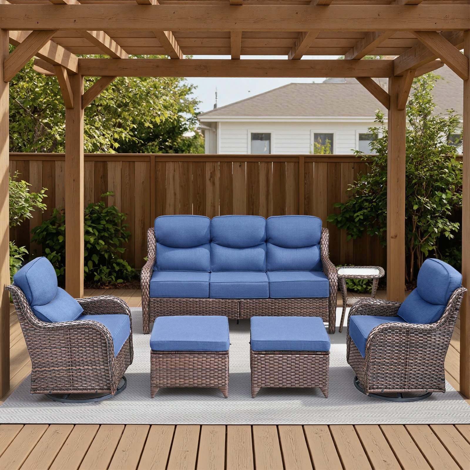 Meyreso 6-Piece Wicker Patio Conversation Set with Swivel Gliders and 6-Inch Thick Olefin Cushions