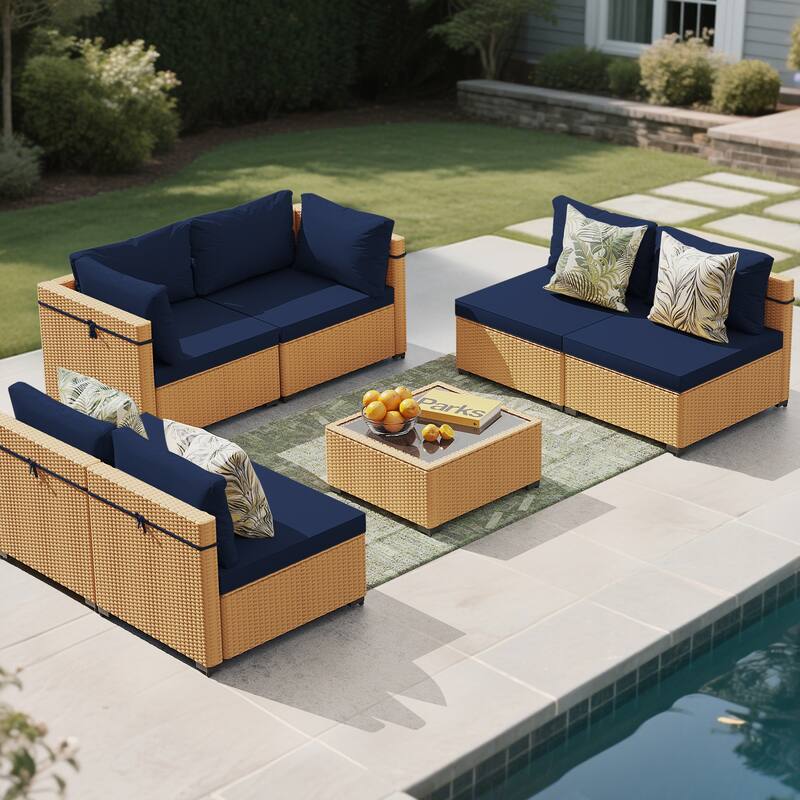UPHA 7-Piece Rattan Patio Sofa Conversation Set with Cushions - Blue