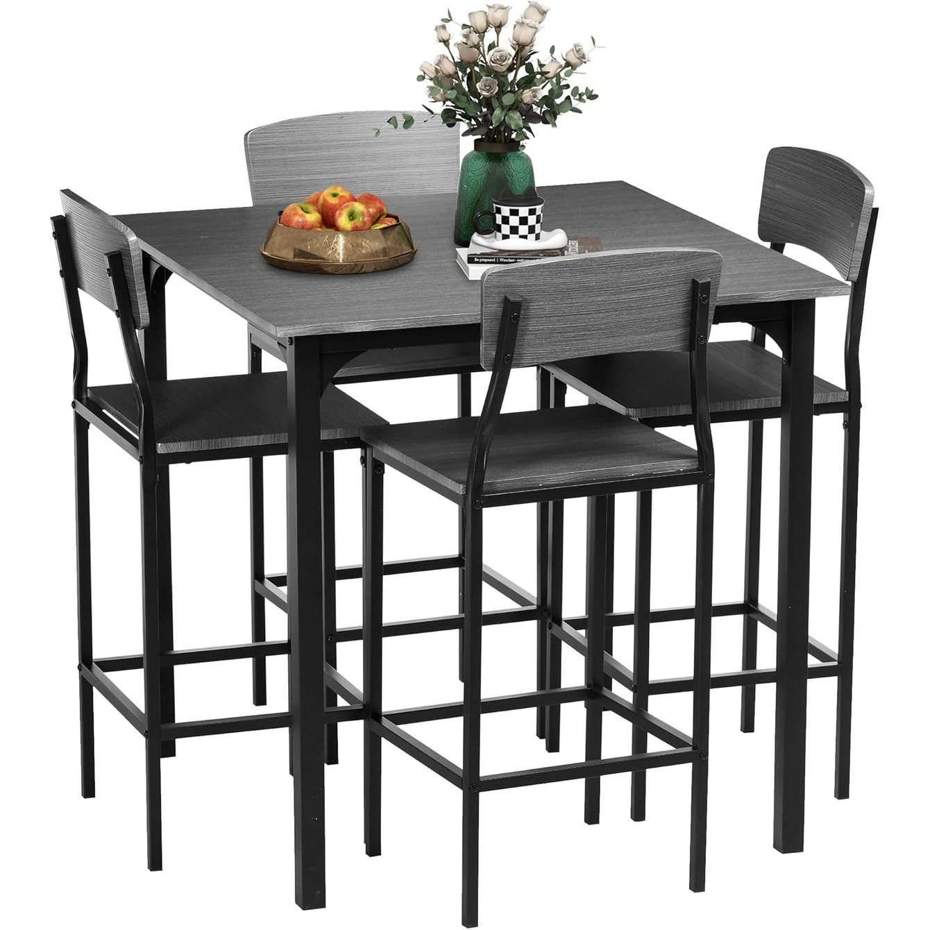 5-Piece Counter Height Bar Table with Stools, Space-Saving Design, Industrial Dining Set for 4, Gray