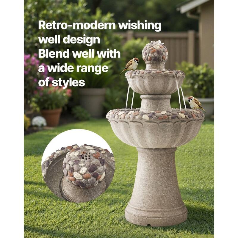 Rock Grey Resin Garden Water Fountain with Splash-Proof Design for Yard Decor - 18.90 x 18.90 x 36.50 in