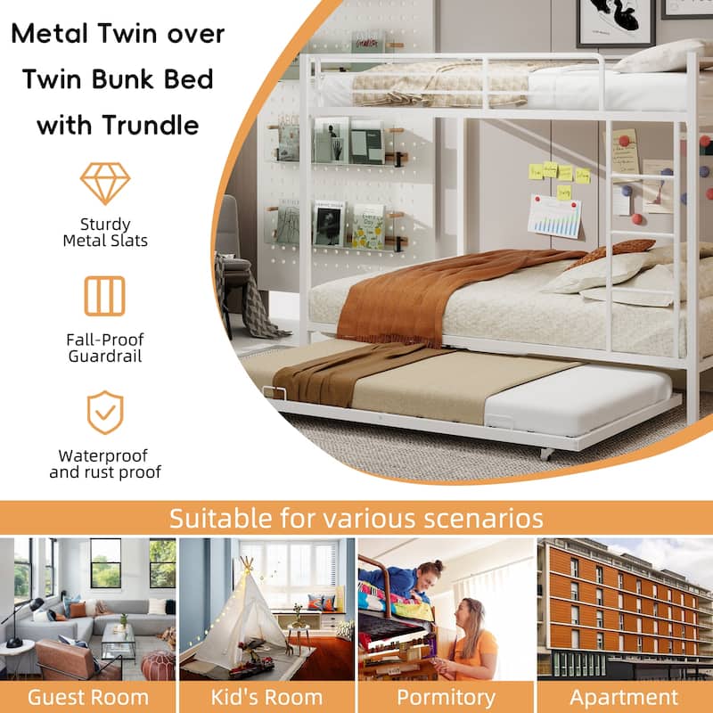 Metal Bunk Bed with Trundle and Safety Rails Modern Minimalist Design for Kids Guest or Shared Rooms