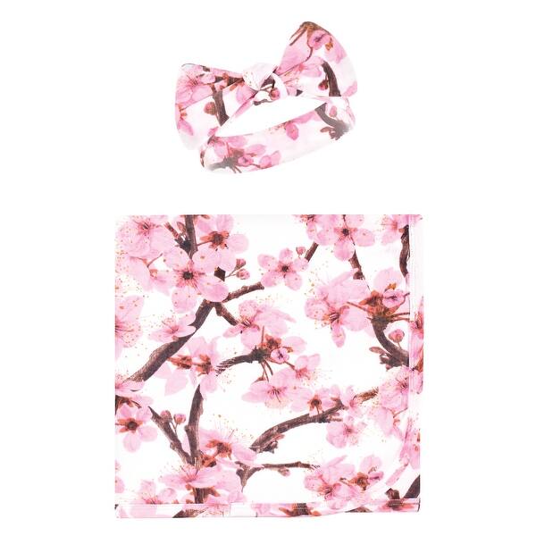 slide 1 of 1, Touched by Nature Infant Girl Organic Cotton Swaddle Blanket and Headband, Cherry Blossom, 0-6 Months