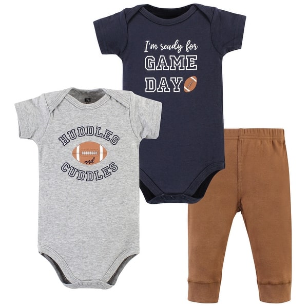 slide 1 of 1, Hudson Baby Infant Boy Cotton Bodysuit and Pant Set, Football Huddles Short-Sleeve 0-3 Months - Football Huddles Short-Sleeve