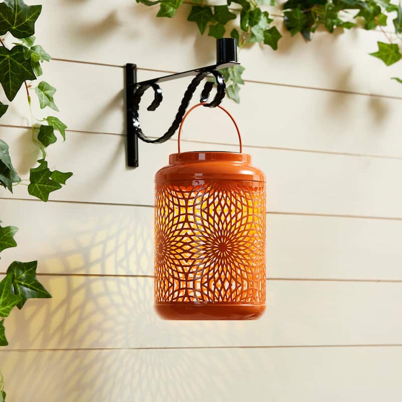 Glitzhome 8.75"H Outdoor Waterproof Metal Solar Hanging Lantern with Flower Leaves Decor