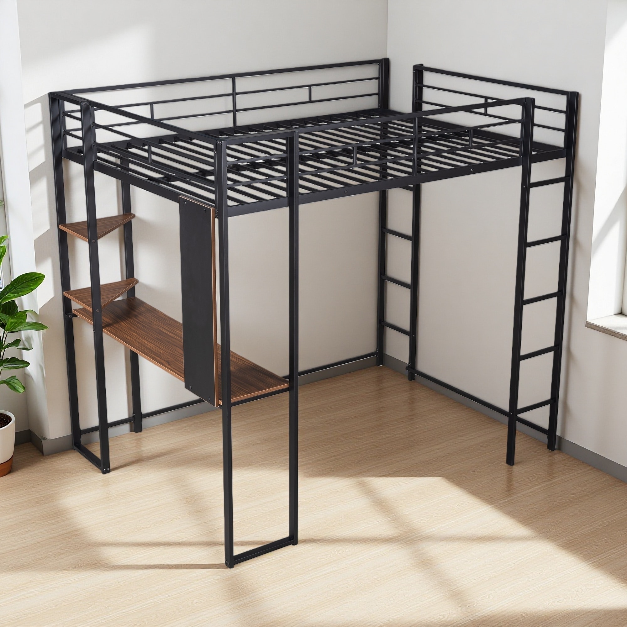 Full Size Metal Loft Bed with Desk and 2 Storage Shelves