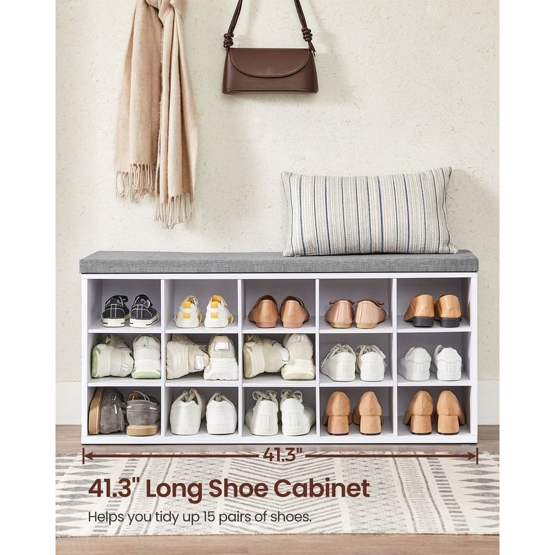Wood Shoe Bench with Cushion, 15-Compartment Storage Organizer - 11.8"D x 41.3"W x 18.9"H