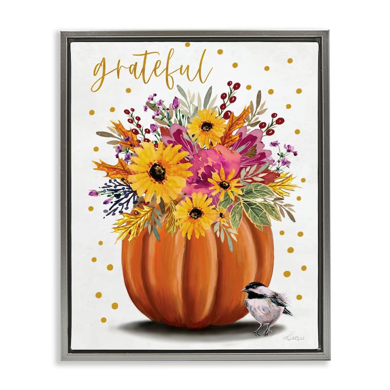 Stupell Grateful Pumpkin Bouquet Framed Floater Canvas Wall Art Design By Elizabeth Tyndall - 17 x 21 - Grey