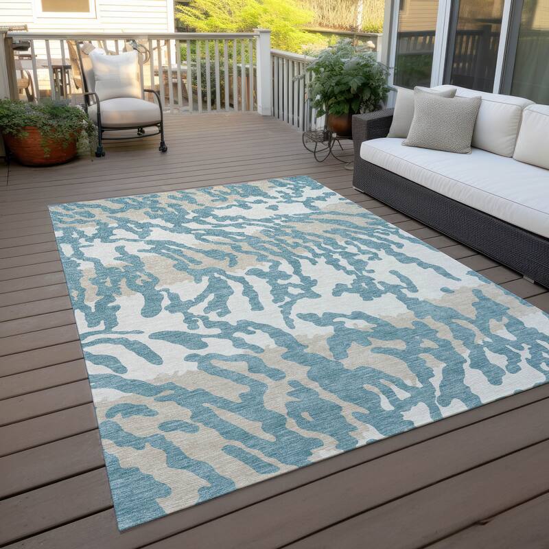 Machine Washable Indoor/ Outdoor Chantille Animal Print Abstract Rug - Teal - 8' x 10'