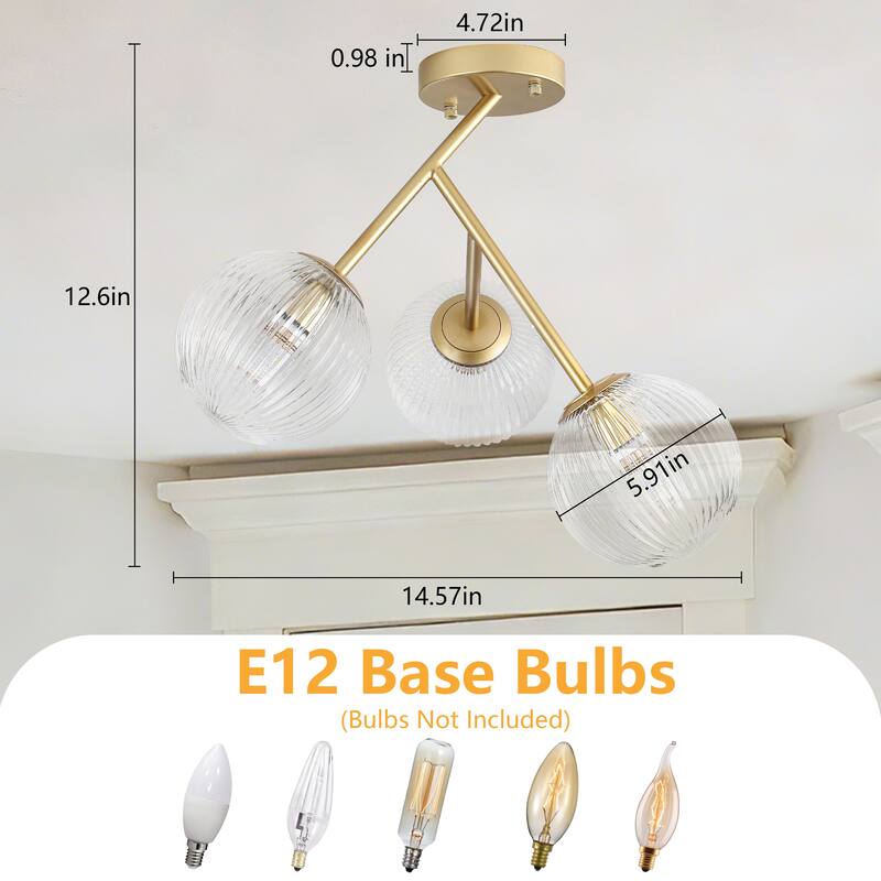 Modern 3-Light Semi-Flush Mount Light with Ribbed Glass Shades