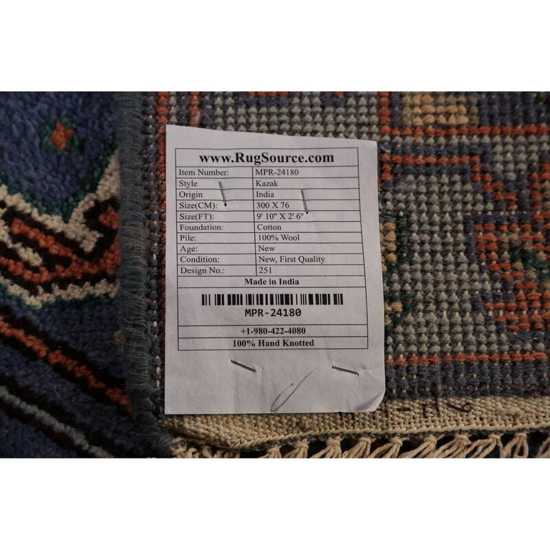 Geometric Kazak Indian Runner Rug Handmade Blue Wool Carpet - 2'6"x 9'10"