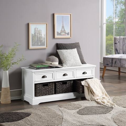 Modern Wooden Homes Collection Wicker Storage Bench Furniture with 3 Drawers and 3 Woven Baskets